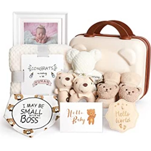 Baby Gift Set, Baby Shower Gifts for Girls Boys, Bear New Baby Gift Basket Include Newborn Rattle Blanket Wooden Keepsake Milestone Cute Bibs Socks Greeting Card, Baby Gift Essentials Stuff