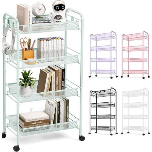 TOOLF 4 Tier Rolling Utility Cart - Durable Metal Design Pink Utility Cart, Storage Trolley on Wheels with 3 Hooks, Perfect for Kitchen, Bathroom & Laundry Room Organization