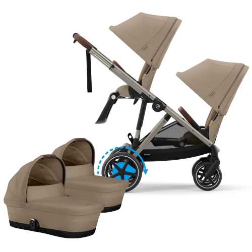 Cybex eGazelle S Electronic Assist Twin Stroller + Cot Bundle - Taupe Frame / Almond Beige