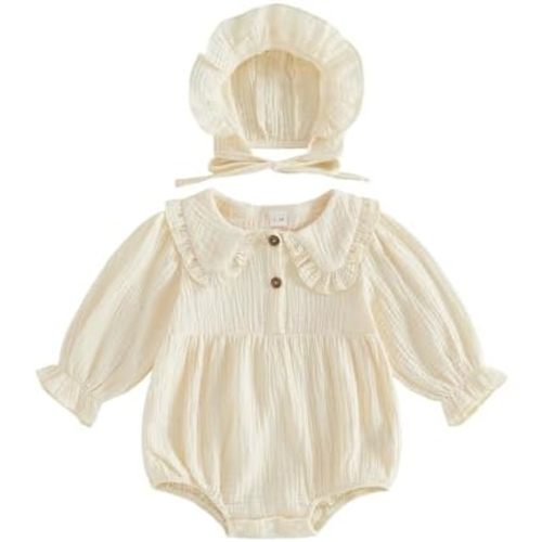 Newborn Boy Girl Linen Outfit Button Up Long Sleeve Collared Romper Bodysuit Baby Muslin Clothes 0 3 6 12 18 Months