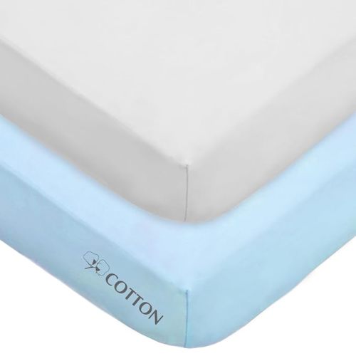 American Baby Company 2 Pack 100% Natural Cotton Fitted Crib Sheets 52" x 28" - Soft, Breathable, Hypoallergenic & Gentle Toddler Bed Sheets, Blue and White, Neutral for Boys & Girls