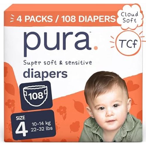 Pura Baby Diapers Size 4 (22-32 lbs) 108 Count Sensitive Skin