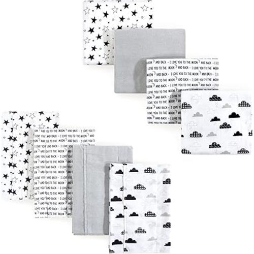Hudson Baby Unisex Baby Cotton Flannel Burp Cloths and Receiving Blankets, 8-Piece, Moon And Back, One Size