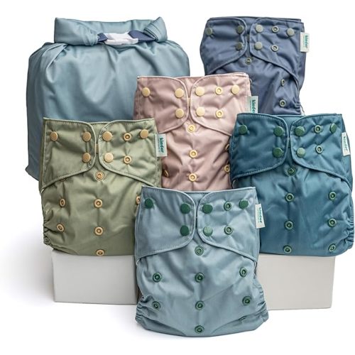 Kinder Cloth Diapers Reusable Baby Diapers Pocket Style Athletic Wicking Jersey, Wet Bag, Newborn to Potty Training 7-60lbs, One Size, Inserts NOT Included (Coastal Calm, 5 Pack, Without Inserts)