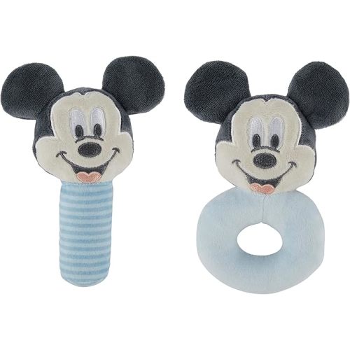 Disney Mickey Mouse Assorted Plush Lovie Rattle Set Pack of 2 - Soft and Cuddly Plush Material, Built-in Rattle for Sensory Stimulation,Vibrant Colors and Intricate Details