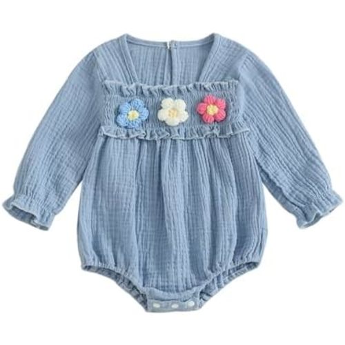 Newborn Baby Girl Smocked Bubble Romper Cute Boho Summer Clothes Ruffle Sleeveless Crochet Flower Vintage Bodysuit