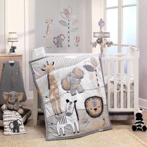 Jungle Safari Gray/Tan/White Nursery 6-Piece Baby Crib Bedding Set – Lambs & Ivy