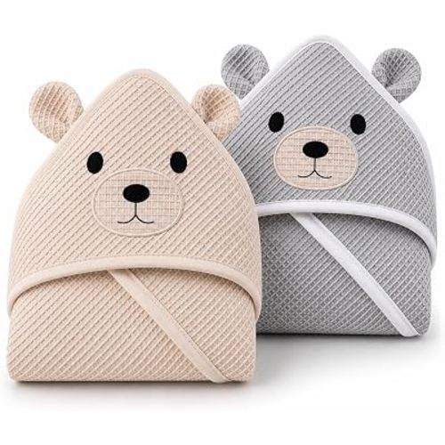 Baby Hooded Towel 2 Pack Bear Waffle 100% Cotton