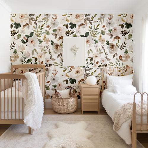 Neutral Floral Wallpaper - Romantic, Girly, Feminine, Botanical Flowers, Cream  - Peel and Stick Removable and Prepasted Smooth