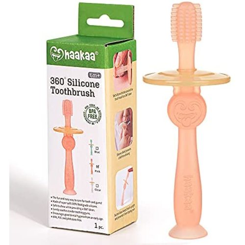 haakaa 360° Baby Toothbrush with Suction Base Infant Silicone Toothbrush Teethers for Babies Teething Toys,1pc (Pink)