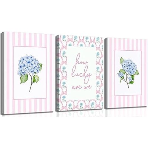 3Pcs Pink And Blue Hydrangea Canvas Wall Art Trendy Preppy Coquette Posters Prints How Lucky Are We Pictures Wall Decor for Girly Room Bedroom College Apartment Home Decorations(24L x16W Canvas)