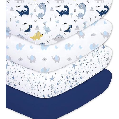 Plushii 4PK Microfiber Crib Sheets for Baby Boys, Animals Under Blue Stars