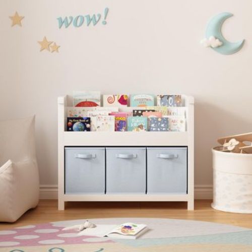 Kids Bookshelf with 3 Tier Front-Facing Storage and 3 Fabric Bins
