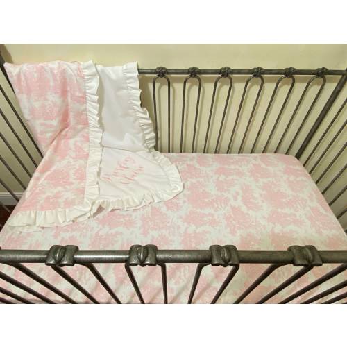 Girl Crib Bedding, Pink Toile Blanket and Crib Sheet Set, Personalized Blanket