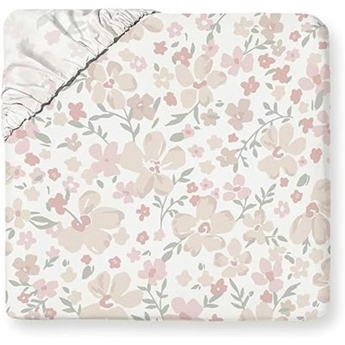 Organic Full Fitted Sheet Set GOTS Certified Organic Cotton Fitted Sheet with Pillowcase Ultra Soft Non Toxic Breathable Flowers Peach Pink Girls Room (Full, Blossom)