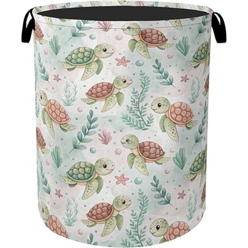 Cartoon Turtle Large Clothes Hamper Bag - Laundry Basket with Handles, Space Saving Foldable Design for Nursery