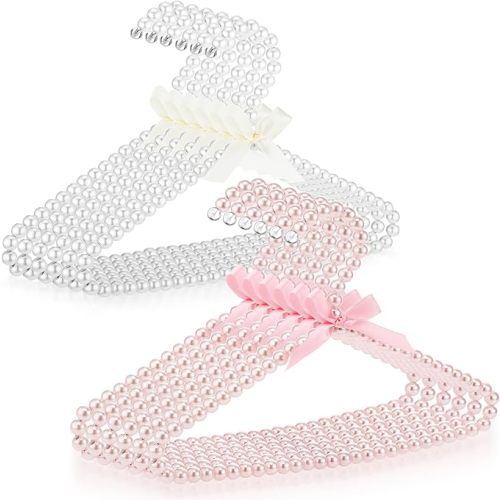 Threan White Pink 12 Pcs Pearl Beaded Clothes Hanger Mini Pearl Beads Small Metal Clothes Hangers with Ribbon Standard for Kids Baby Children Pet Dog