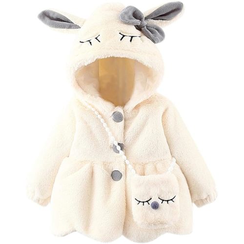 Infant Baby Girls Winter Coat Faux Fur Fleece Jacket Bunny Ear Hooded Coat with Bag Thick Button up Bubble Jacket