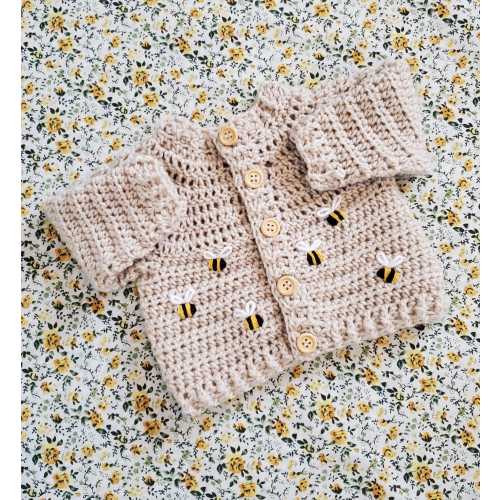 Hand Crocheted Embroidered Bumble Bee Baby Cardigan (available in many colours)