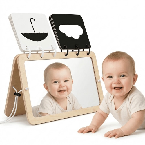 Woodtoe 2-in-1 Tummy Time Mirror, 0-180°Adjustable Angle Montessori Baby Toy, Double-Sided Design with High Contrast Black & White Cards, Shatterproof Baby Mirror for 0-18 Months Newborns Infants