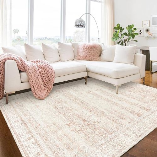 Nursery Rug for Baby Girl Neutral Blush Pink Boho Floral Washable Soft Faux Wool Area Rugs for Living Room Bedroom,5x8