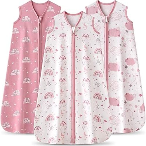 Baby Sleep Sack 6-12 months, 100% Cotton Sleeping Sack for Newborn and Infant, 3 Pack Baby Wearable Blanket, 0.5 Tog Lightweight Double Zipper Sleep Bag Medium Pink Rainbow