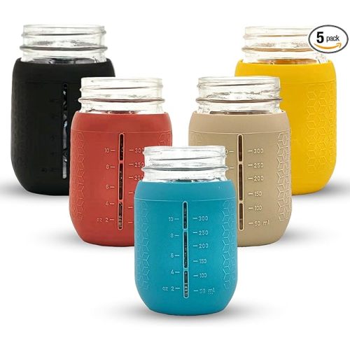 Silicone Mason Jar Sleeves Autumn Winter Set | Anti-Slip Protectors for Regular Mouth 16oz Jelly Canning Jars | Cup Holders with Measurement Markings | Dishwasher Safe Jar Jackets - 5 Pack
