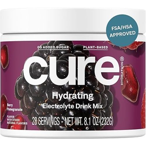 Cure Hydration | Plant-Based Electrolyte Drink Mix | No Added Sugar | FSA & HSA | Dehydration Relief Powder Made with Coconut Water | Non-GMO | Vegan | 28 Servings Jar - Berry Pomegranate