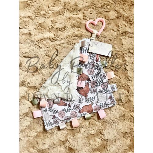 Pink Floral Chicken Minky Tag Lovey with Silicone Teething Heart | Baby Girl Security Sensory Toy with Ribbons | Country Baby Shower Gift