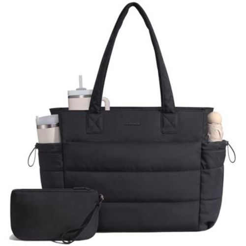 LOVEVOOK Tote Bag for Women with Giant Tumbler Holder Pocket, Puffer Work Travel Laptop Handbag with Zipper, Black