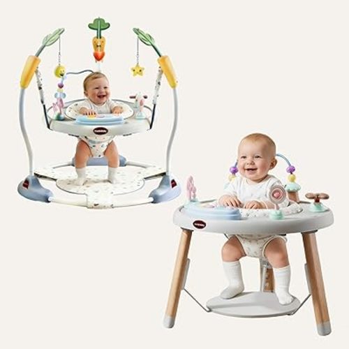 CuddoBaby Baby Jumper 4-Stage Convertible| Montessori -Inspired 8 Interactive Toys| Tummy Time Playmat, Bouncer, Exersaucer, Toddler Table| Music & Lights | 3-6, 6-12, 12-18, 12-24 Months - Gray