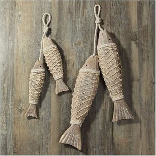 Rustic Nautical Wooden Fish Decor - 2 Set Wall Hanging Fish Sculptures for Bathroom, Bedroom, Lake House Decoration