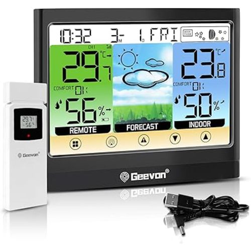Geevon Weather Stations Wireless Indoor Outdoor Thermometer, Touch LCD Display Digital Thermometer Hygrometer with Heat Index, Dew Point, Comfort Indicator, Alarm Clock and Adjustable Backlight