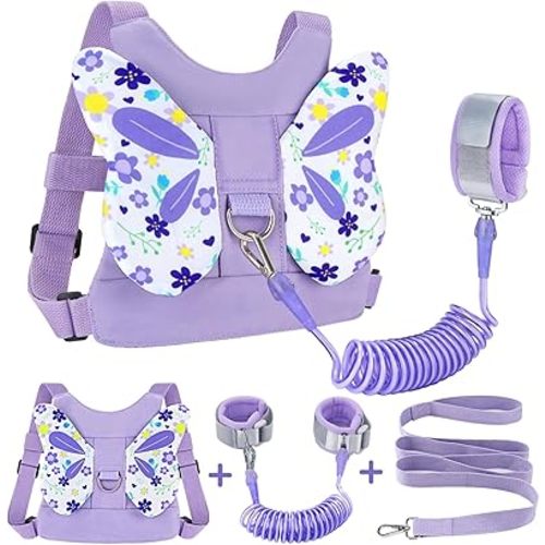 Accmor Toddler Harness Leash, Cute Butterfly Kids Leash + Anti Lost Wrist Link for Outdoor Travel, Mini Child Walking Harness Wristband Assistant Strap Belt for Baby Girls (Purple)