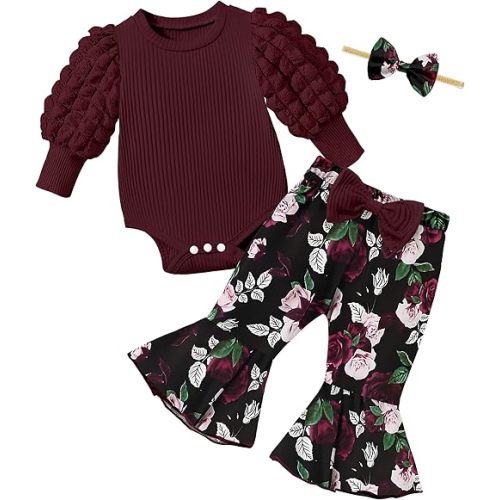9-12 months - NAPU Baby Girl Clothes Long Sleeve Romper 3Pcs Baby Girl Outfits Flare Pants Set with Headband Fall Baby Girl Winter Clothes
