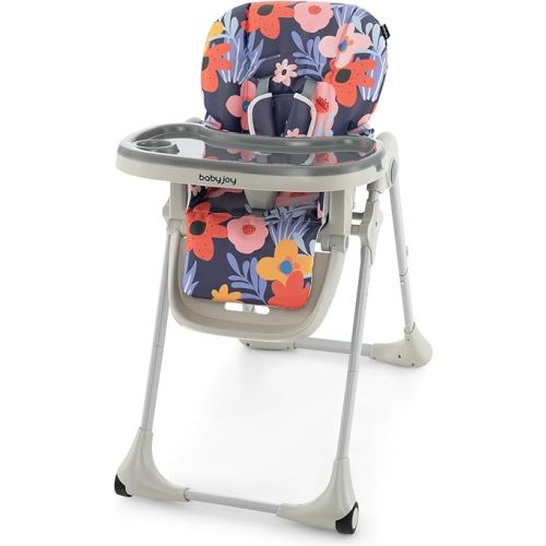 BABY JOY Convertible High Chair for Babies & Toddlers, Height Adjustable, Grow & Go High Chair w/Recline & Footrest, Removable Double Tray, Portable Baby Dinning Chair with Wheels (Flower Purple)