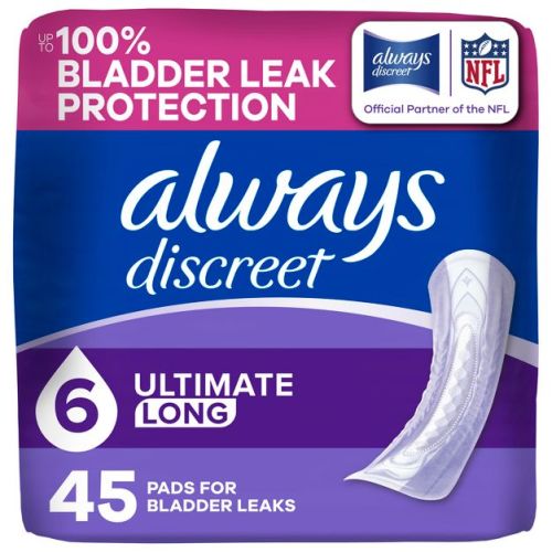 Always Discreet Incontinence and Postpartum Incontinence Pads for Women - Extra Heavy Absorbency - Long Length - 45ct