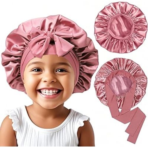 2Pcs Baby Bonnet Toddler Silk Satin Bonnet for Kids Sleeping Cap - Elastic Wide Band Hair Bonnets Curly Natural Hair Toddler Bonnet with Tie Band,Kids Bonnets for Girls Boys Infant - Rose Gold
