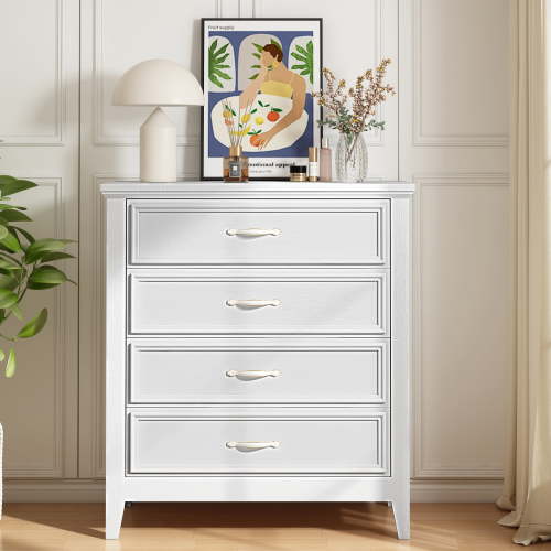 PORKISS 4 Drawer Dresser, Wood Chest of Drawers with Metal Handle, Modern Dresser for Bedroom, Dresser Storage Cabinet with Sturdy Frame for Adults, Entryway, Hallway, Easy Assembly, White