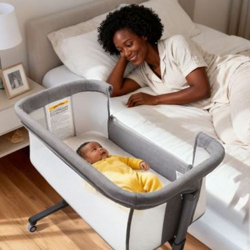 Kinder King Baby Folding Bassinet w/Wheels,Portable Newborn Bedside Sleeper All-Sided Mesh Infant Crib Removable Soft Mattress Grey