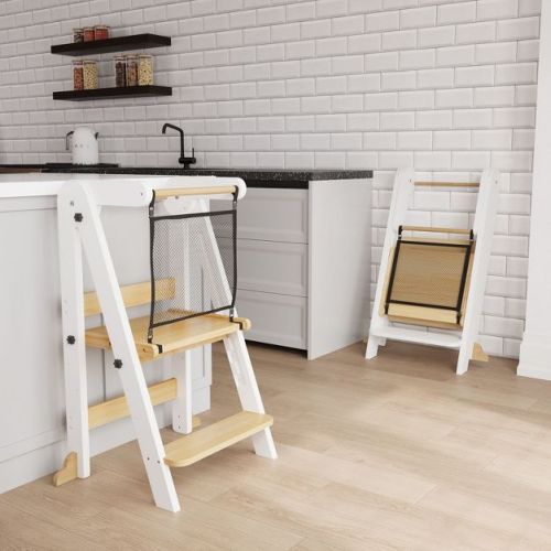 HOMLUX Foldable Toddler Kitchen Step Stool, 3 Adjustable Height Learning Tower with Safety Net for Kids Ages 1–6, White