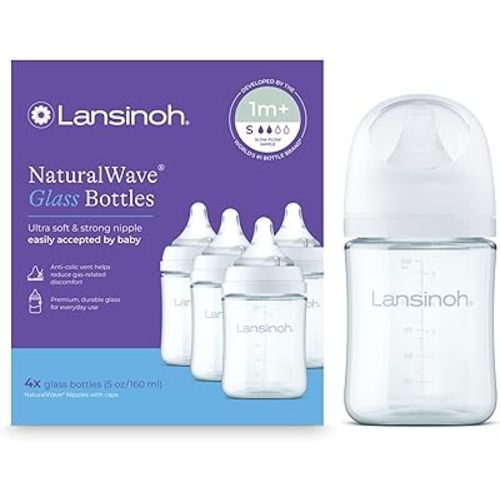 Lansinoh Glass Baby Bottles, Anti-Colic, White, 5oz, 4 Count, with Slow Flow Nipples (Size S, 1-3 Months), Baby Feeding Essentials