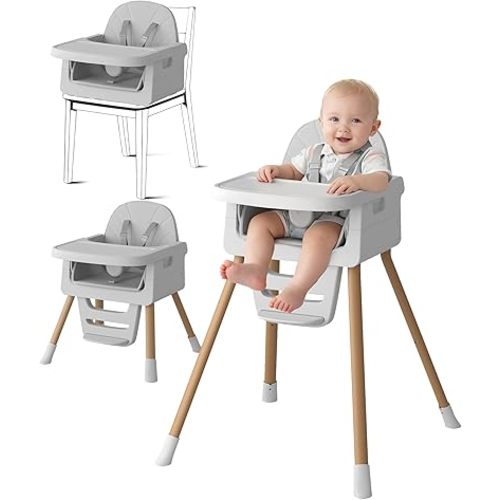 Highchairs for Babies and Toddlers, Foldable Highchair with Tray and 5-Point Harness, Lightweight Compact Design for Travel Home Restaurant Use (Wood Grain with Gray Cushion)