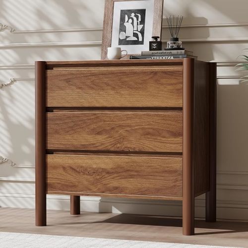 CHUWELL 27.6" Wide Walnut 3 Drawer Dresser for Bedroom with Solid Wood Legs | Mid Century Modern Chest of Drawers with Hidden Handles , Large Wood Storage Dresser for Bedroom