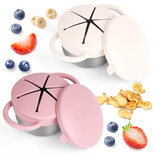Daximo 2 Pack Snack Cups for Toddlers Spill Proof - Detachable Stainless Steel Toddler Snack Cups with Silicone Lids & Handles - Dishwasher Safe Snack Container (Matte Pink and Matte Off White)