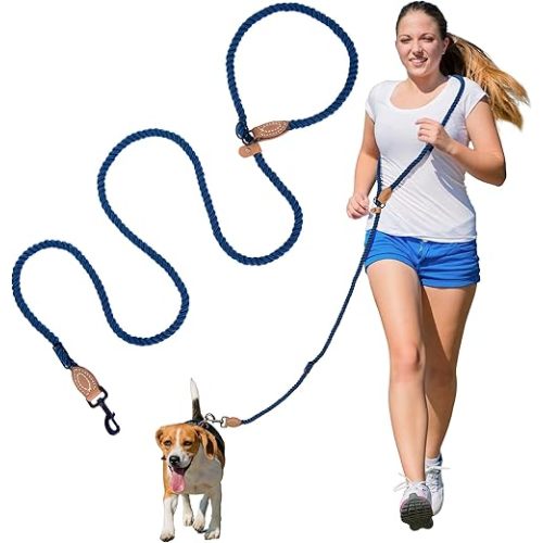 Mile High Life Hands Free Dog Leash, Crossbody Waist Leash with Genuine Leather Connection, Multifunctional Adjustable Slip Lead for Dog Walking Running (Navy Blue, 7FT)
