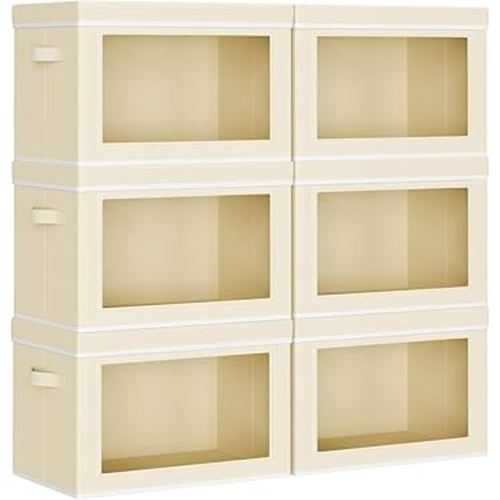 Collapsible Storage Bins with Lids - Stackable Storage Containers with Window, 6 Pack Fabric Organizing Bins for Closet, Home & Office Organization Baskets, Beige, 14.9" x 9.8" x 9.8"