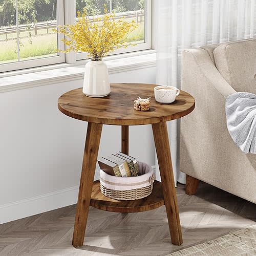 Solid Wood Round End Table, Sofa Side Table with Storage Shelf, Farmhouse Nightstand for Living Room, Bedroom, Easy Assembly (1)