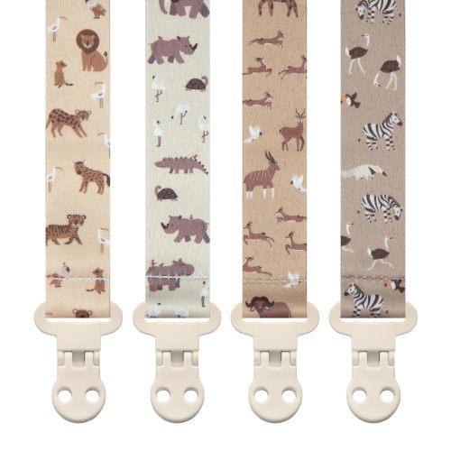 Baby Pacifier Clip Holder - Girl or Boy Unisex 4 Pack Gift Set – Boho Modern Neutral Animals Elephant Giraffe Zebra (Safari)