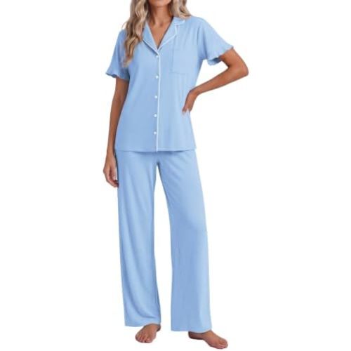 Ekouaer Pajamas for Women Set Button Up Soft Pjs Short Sleeve Lounge Sets